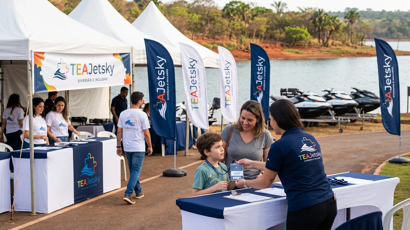 Famílias chegando à área de recepção do evento, com equipe orientando na entrada.