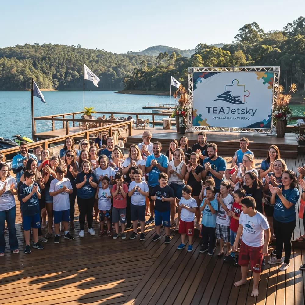 Voluntários e famílias reunidos comemorando ao final do evento.
