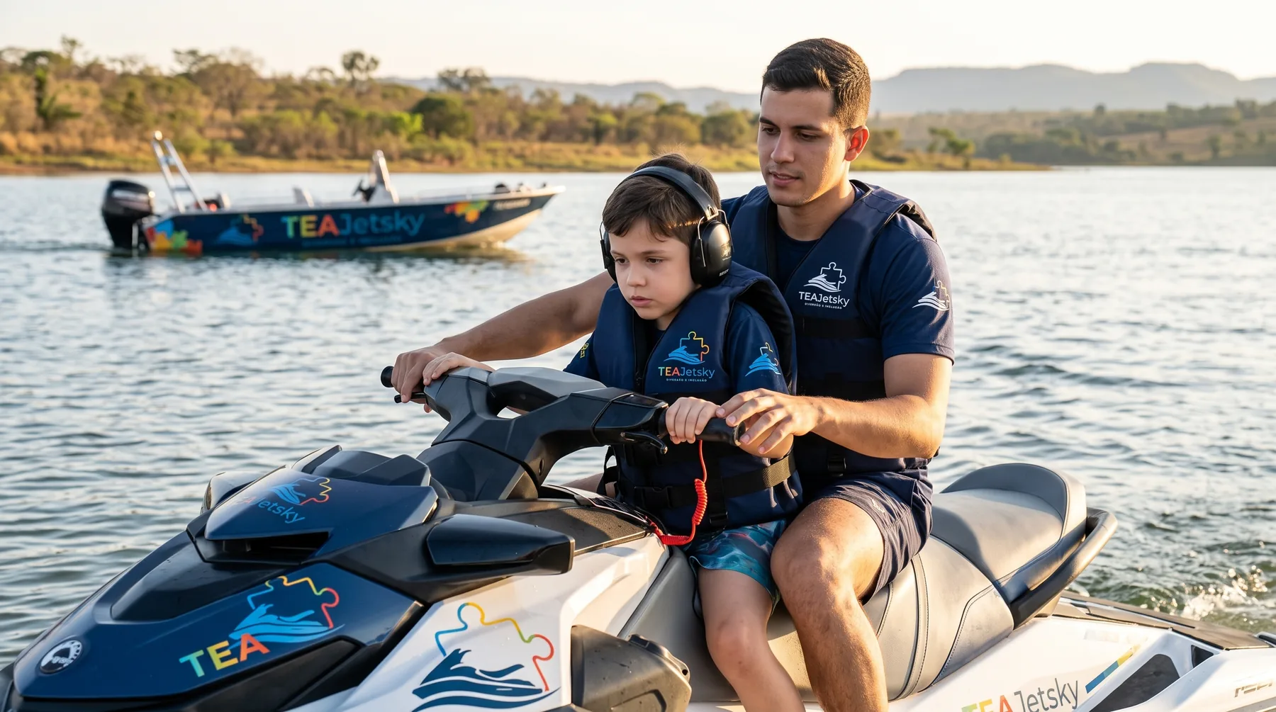 Instrutor conduz um jet ski com uma criança à frente, ambos de colete salva-vidas, em um lago ao entardecer.