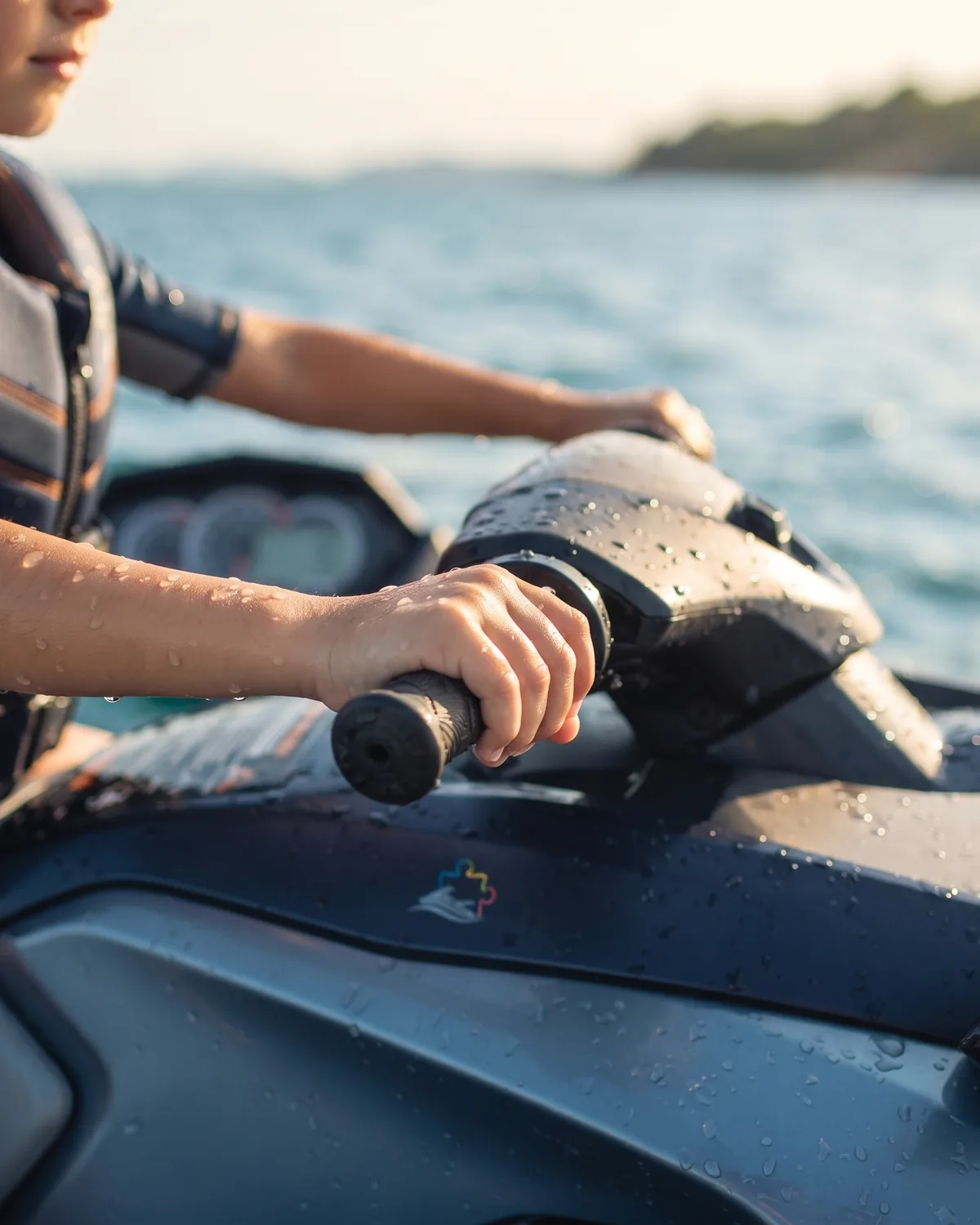Criança com as mãos no guidão de um jet ski, acompanhada de perto por um adulto.