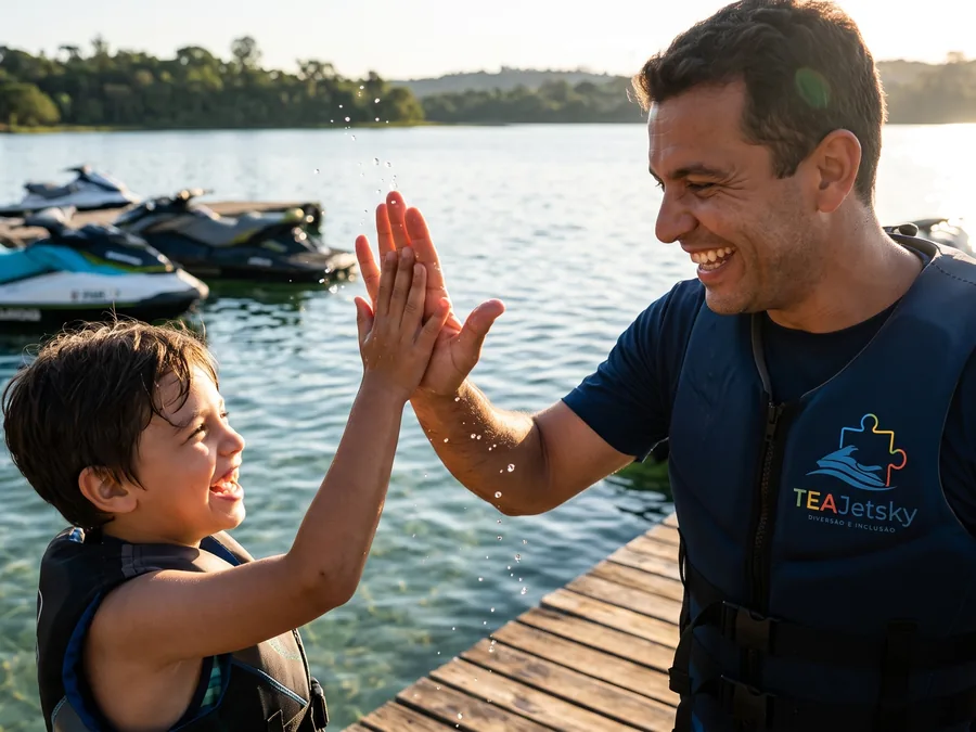 An instructor and a child in life vests high-five on the dock, with jet skis behind them.