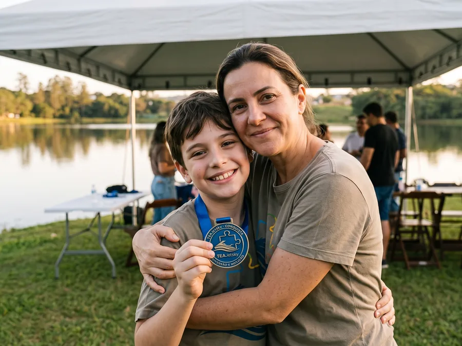 A mother hugs her son, who is holding a TEAJetsky participation medal, by the lake.