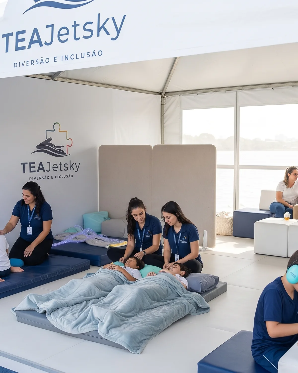 Crianças usando equipamentos sensoriais em ambiente interno com luz suave.